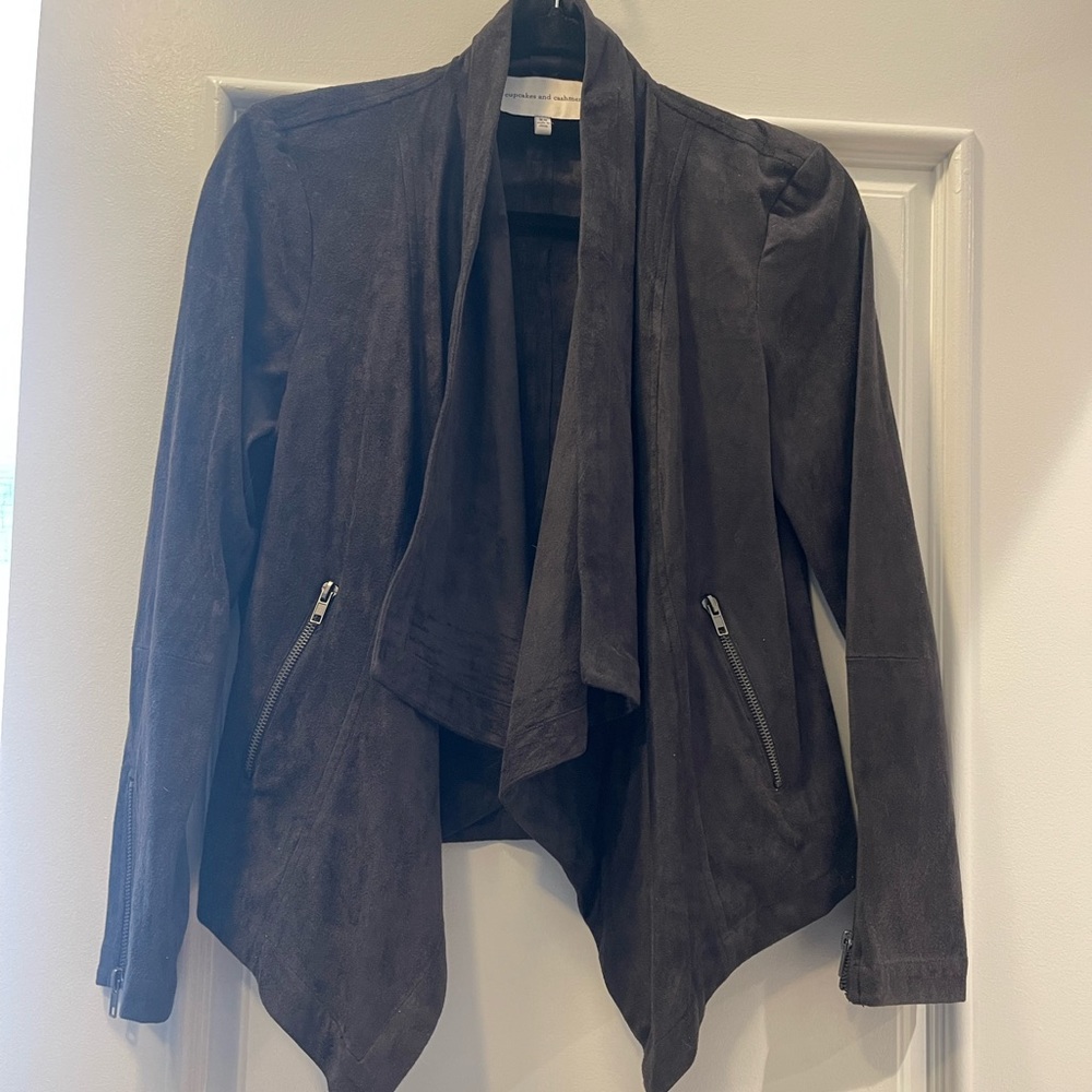 Faux suede drapes front open jacket